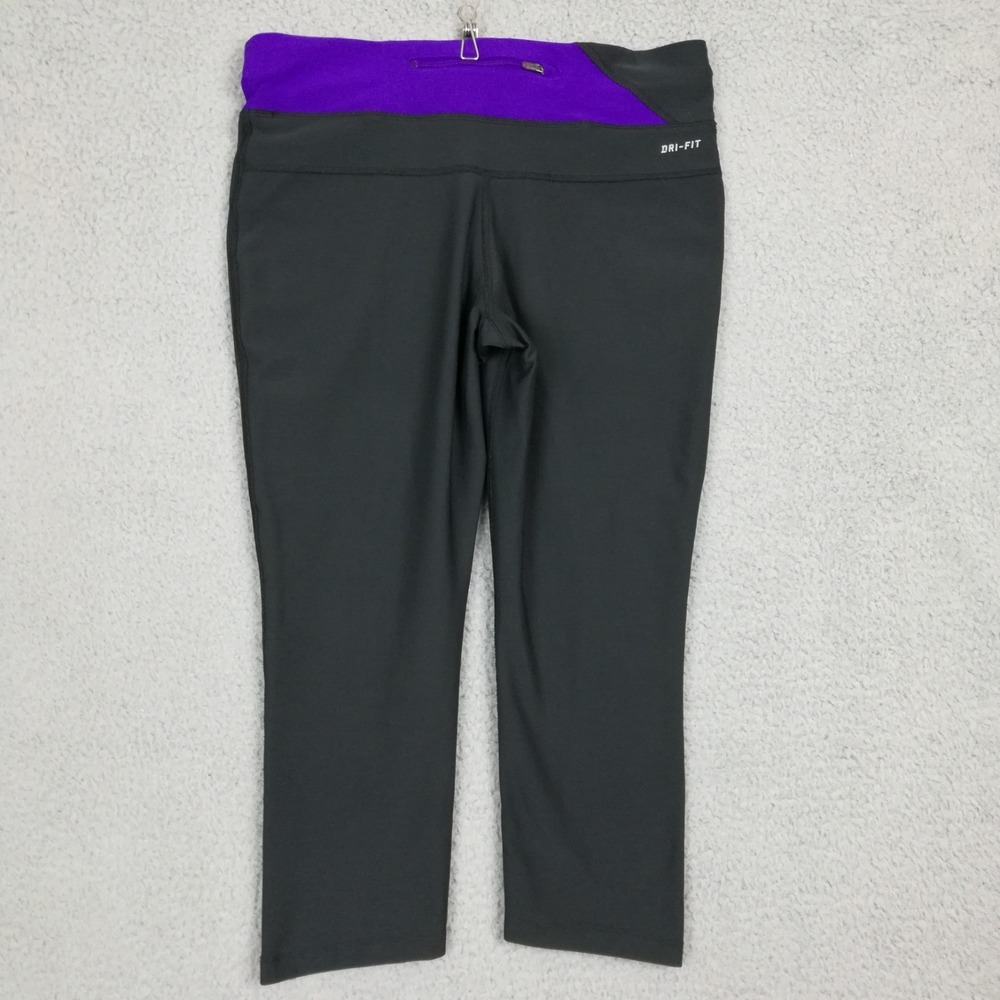 Nike Womens Pants Leggings Capri Black Purple "Just Do It" Running Pull On M - Picture 2 of 12